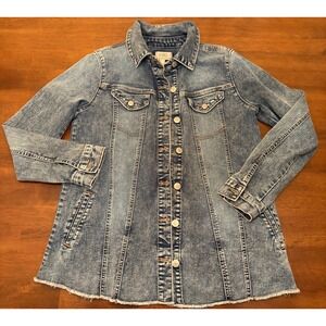 LOGO Lori Goldstein Denim Jacket A-Line Frayed Hem Womens Size 6